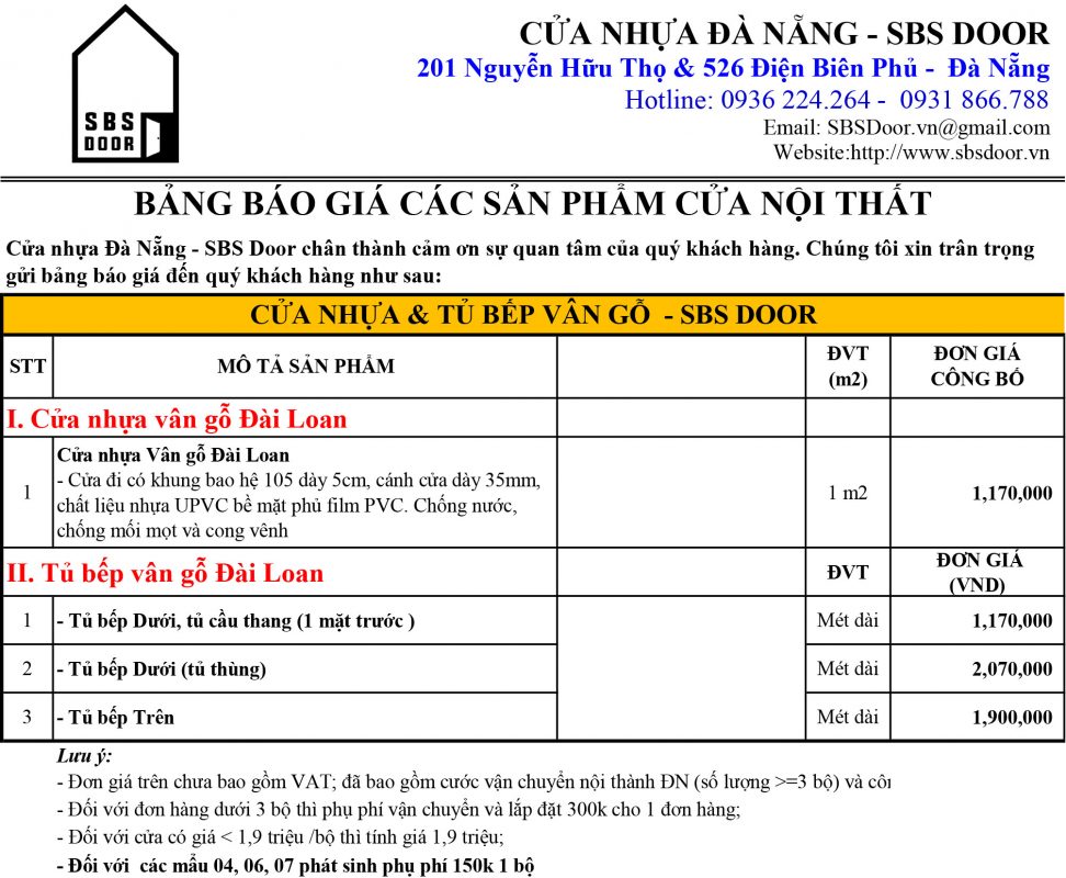 Bảng báo giá cửa nhựa vẫn gỗ Đài Loan