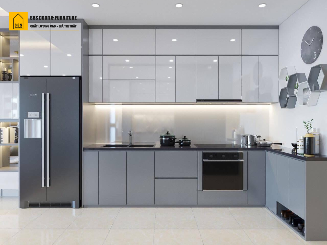 Tủ bếp nhựa acrylic màu xám sáng