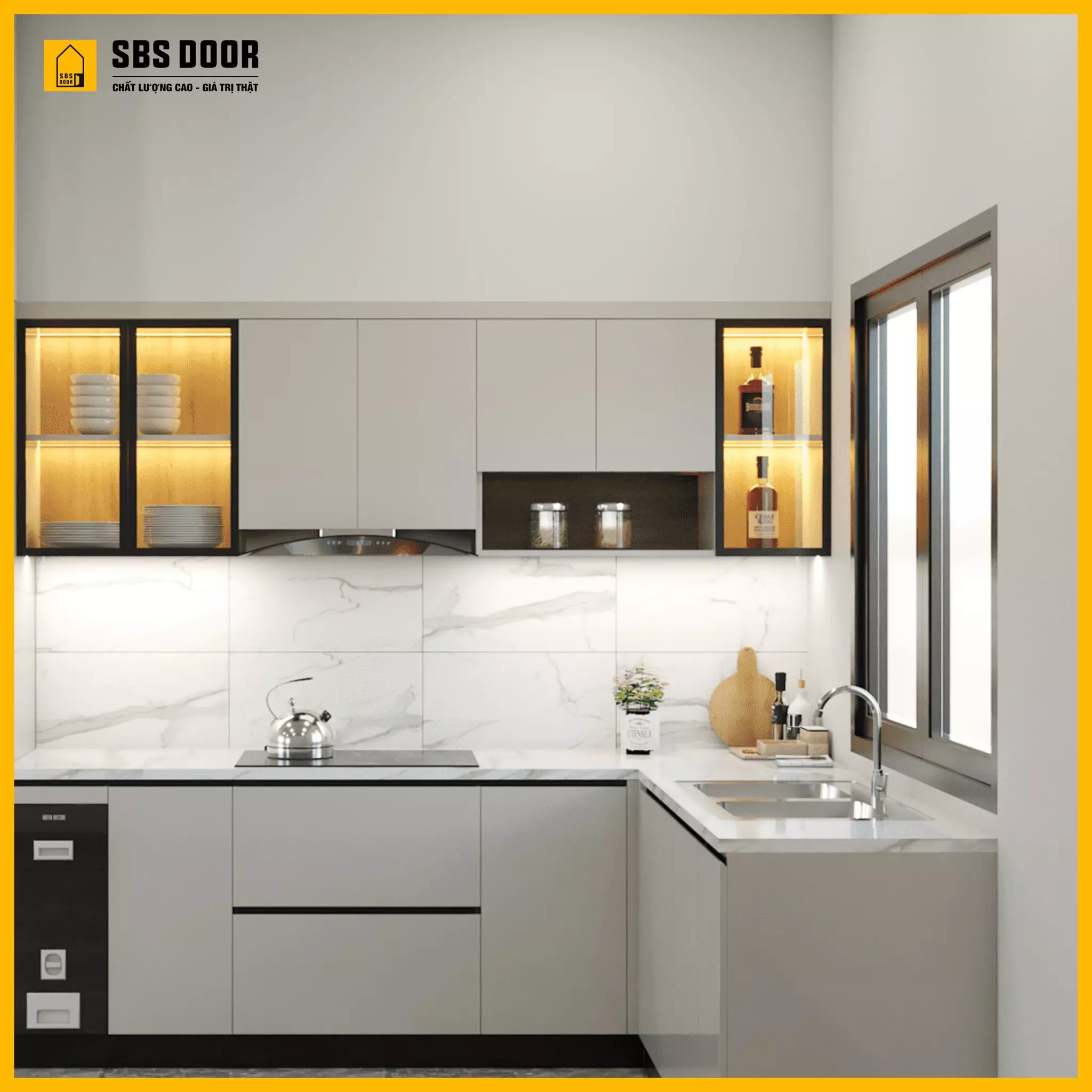 Tủ bếp nhựa chữ L cho căn hộ chung cư nổi bật về thiết kế, công năng lẫn độ bền vượt trội