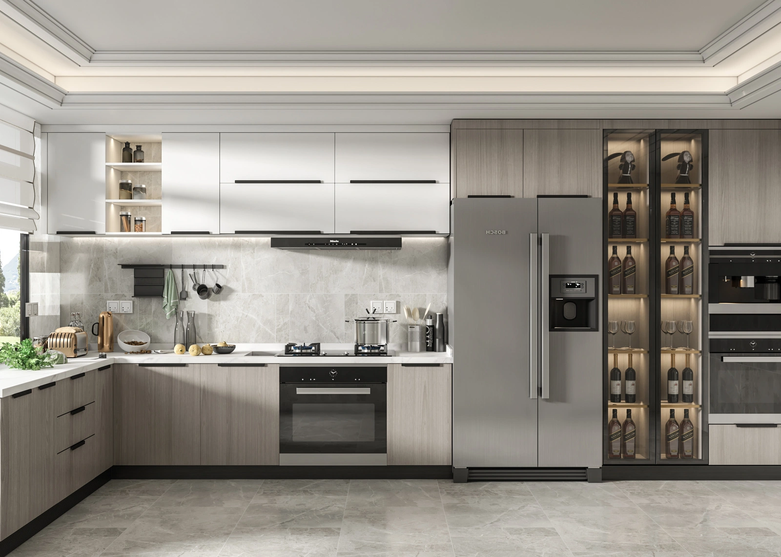 Mẫu tủ bếp nhựa chữ L kết hợp tủ rượu cao cấp