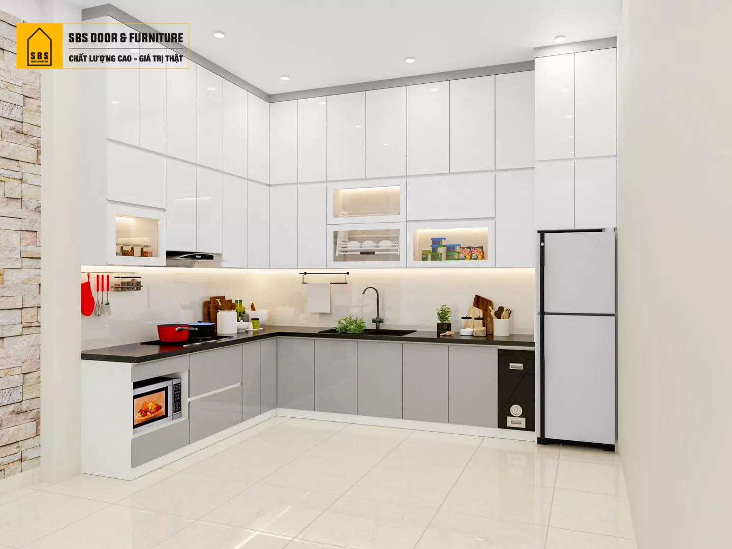 hiết kế tủ bếp nhựa đẹp màu trắng Acrylic