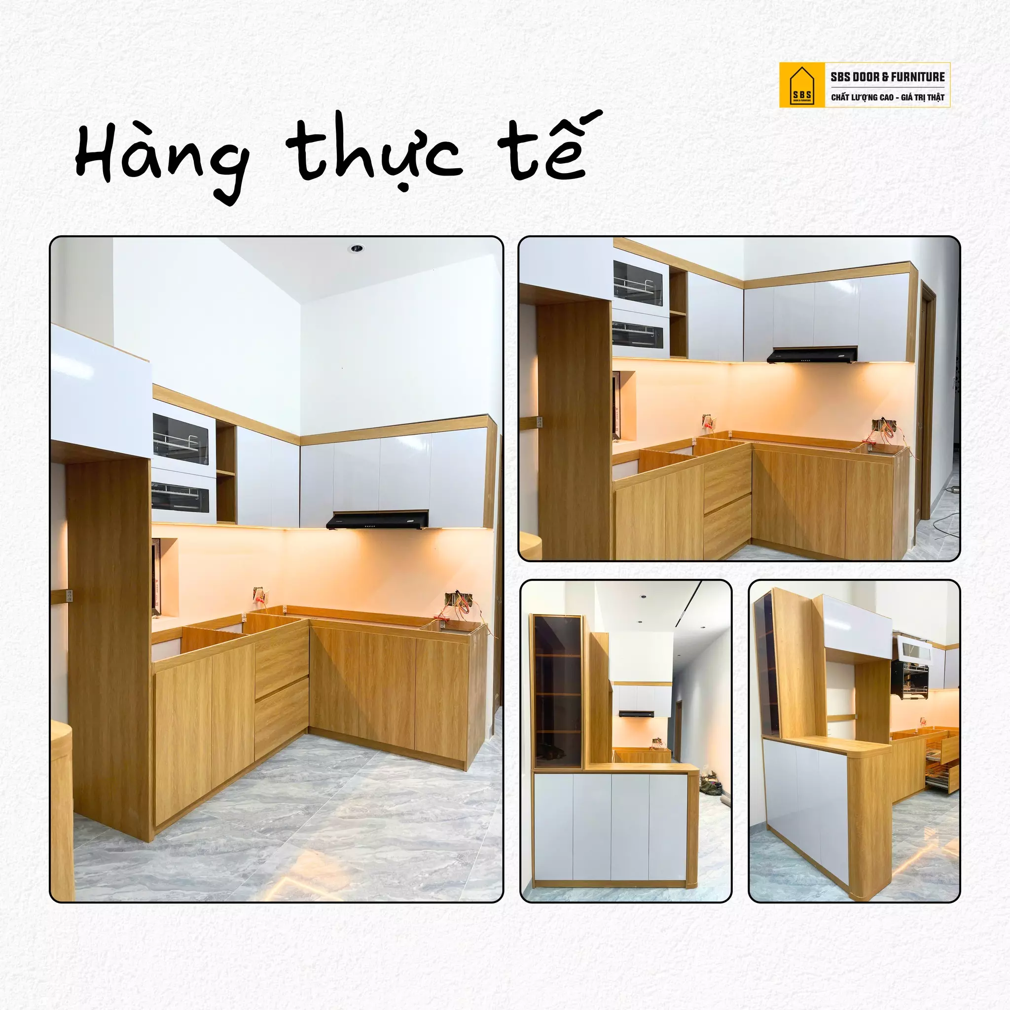 Hình ảnh thực tế tủ bếp nhựa màu nâu gỗ SBS DOOR thi công cho khách hàng 