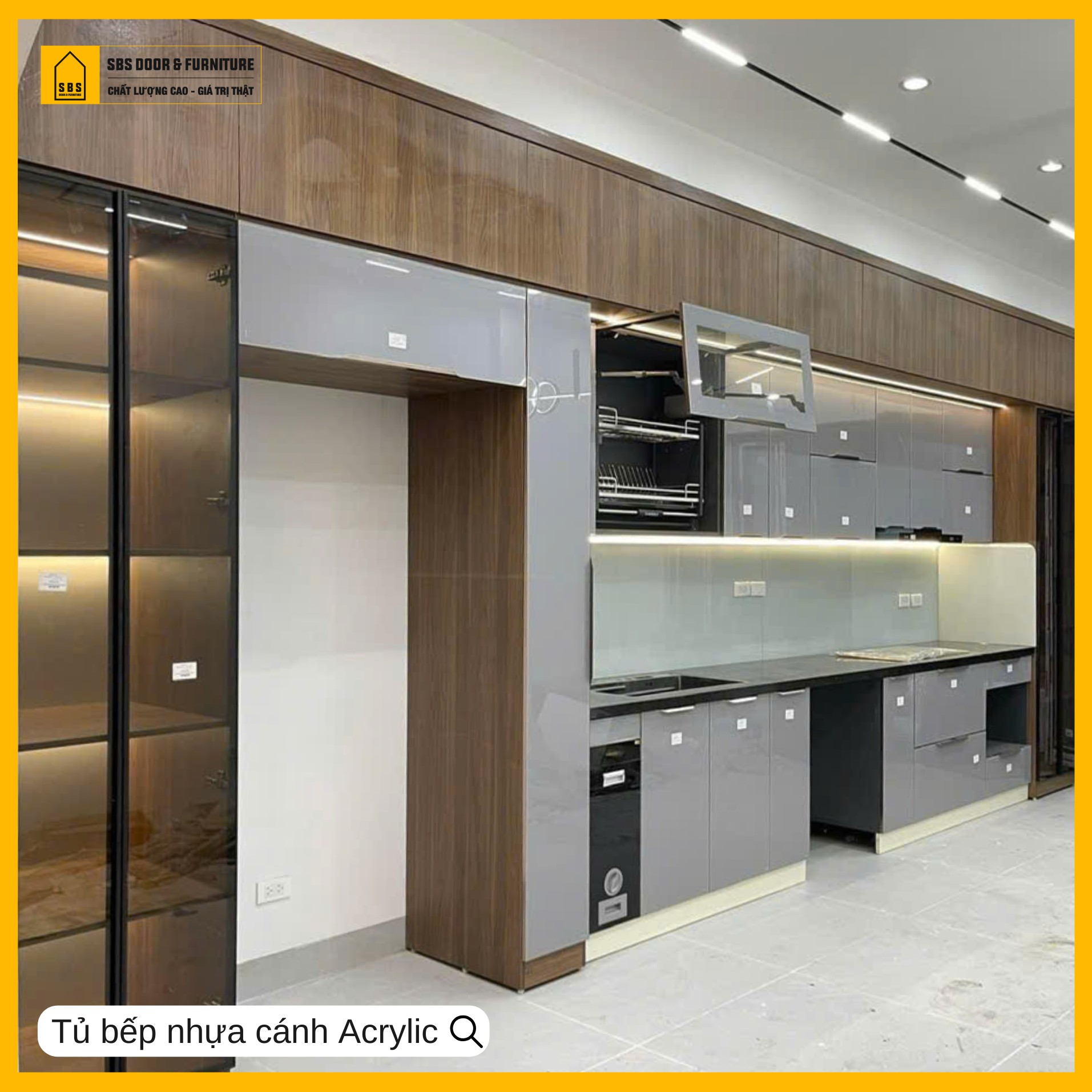 Mẫu tủ bếp nhựa màu xám chữ I sang trọng, thiết kế gọn gàng.