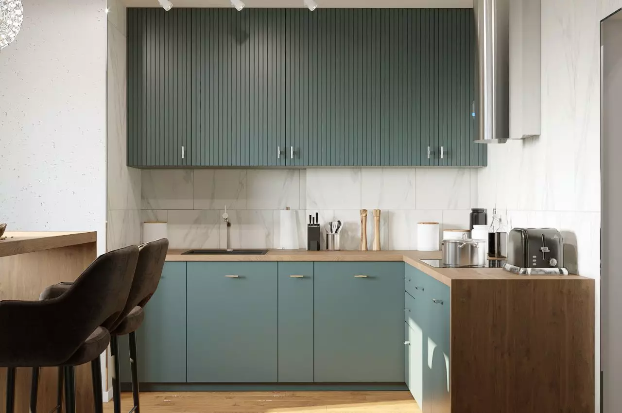 Tủ bếp nhựa màu xanh pastel (mint) tinh tế, giúp không gian bếp trở nên sáng và thoáng hơn.