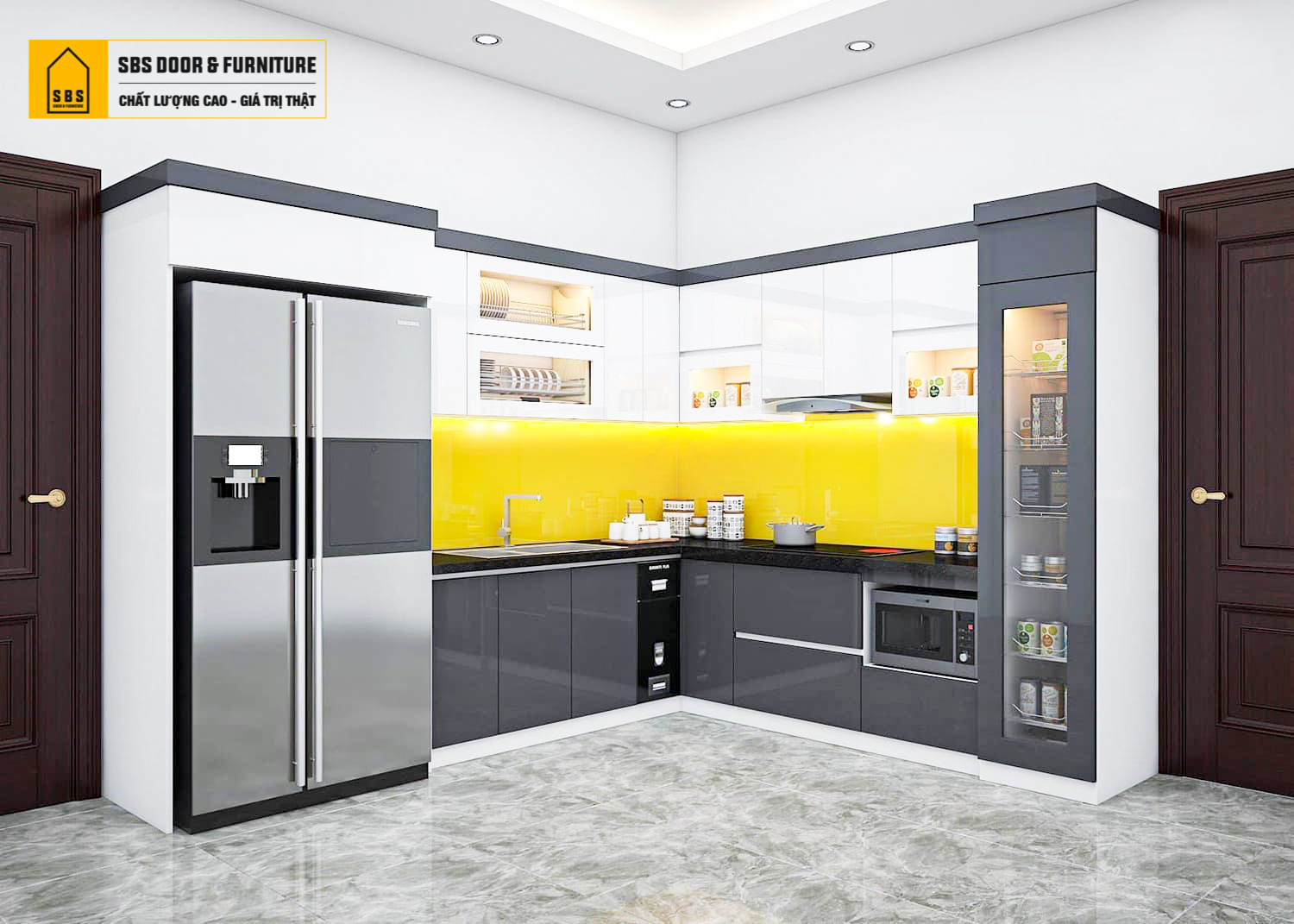 Tủ bếp trắng xám vừa hiện đại vừa tạo chiều sâu cho căn bếp.