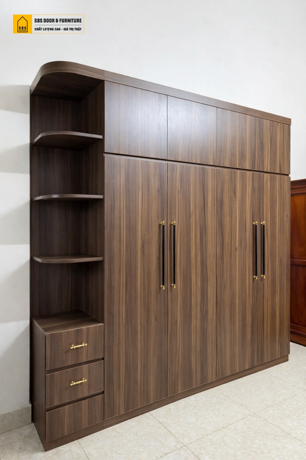 Thiết kế tủ áo quần nhựa giả gỗ 4 cánh tối giản, tinh tế.