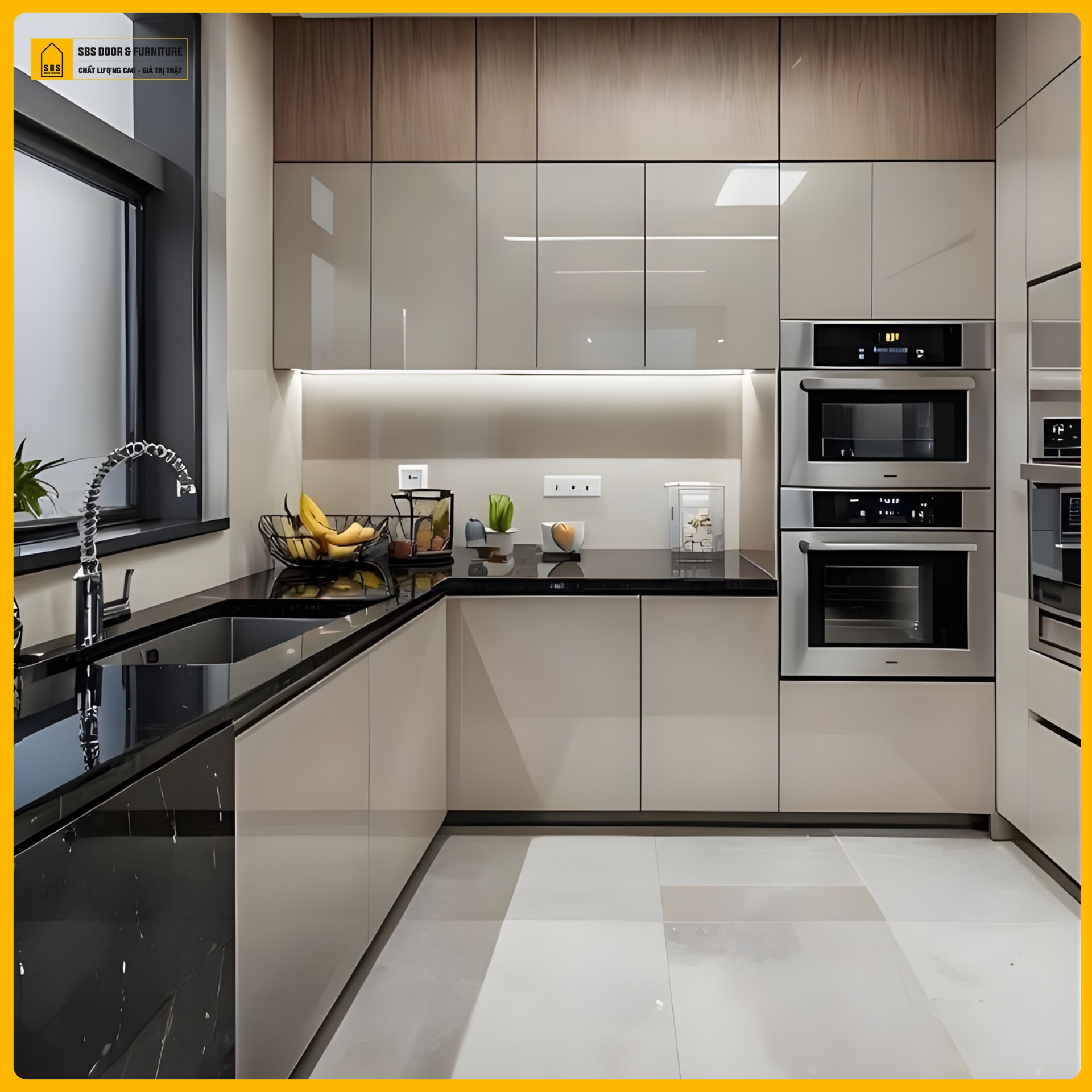 Tủ bếp nhựa chung cư Acrylic bố trí công năng khoa học