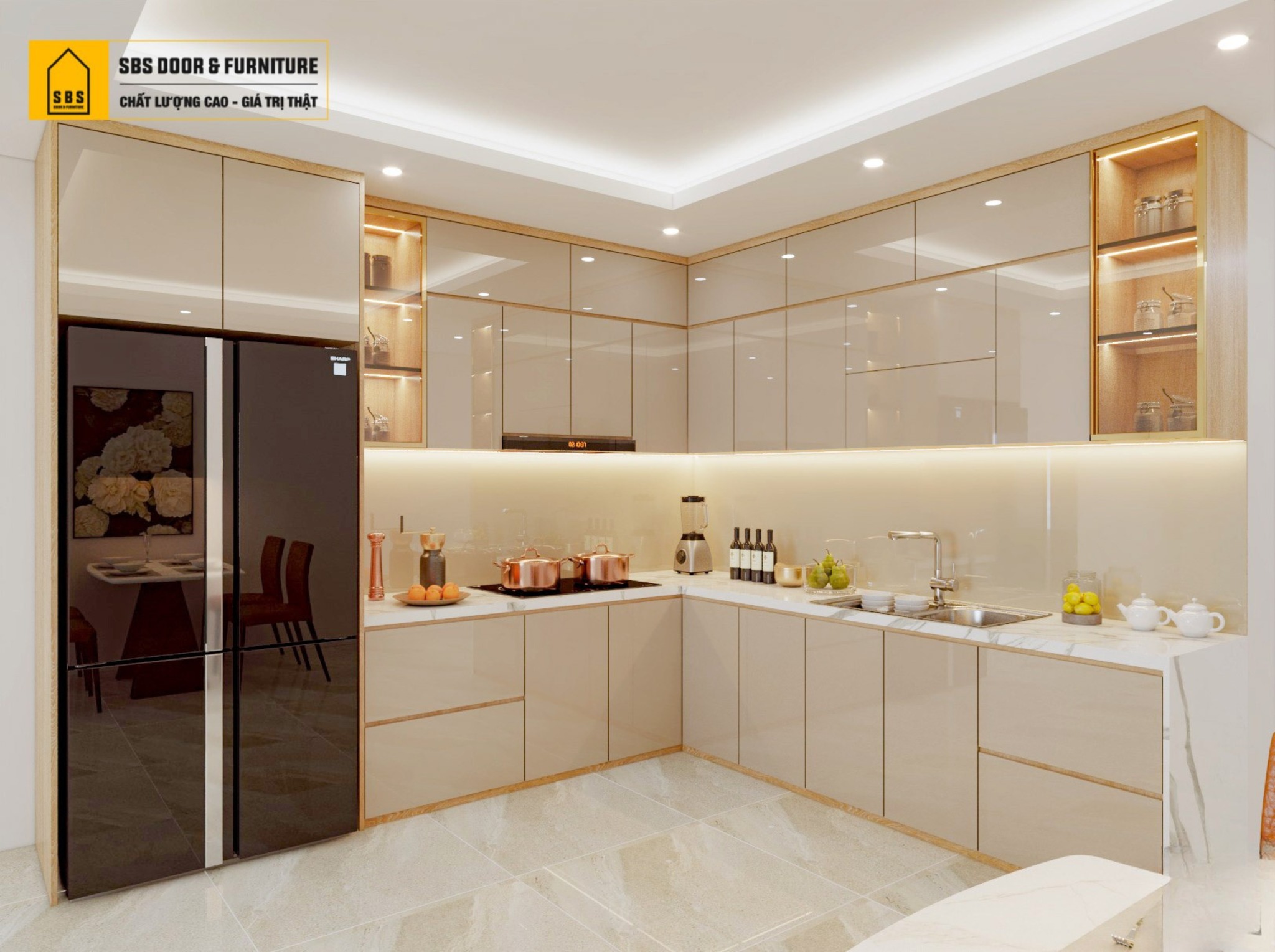 Mẫu tủ bếp nhựa acrylic kịch trần hiện đại 